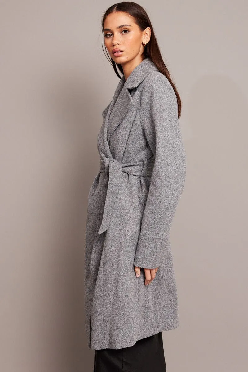 Grey Tie Front Coat Knee Length sold by Ally Fashion product image thumbnail 5