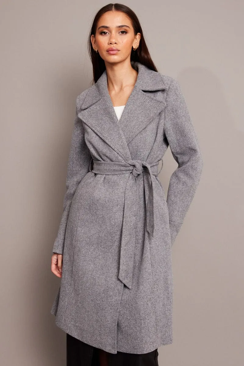 Grey Tie Front Coat Knee Length sold by Ally Fashion product image thumbnail 2