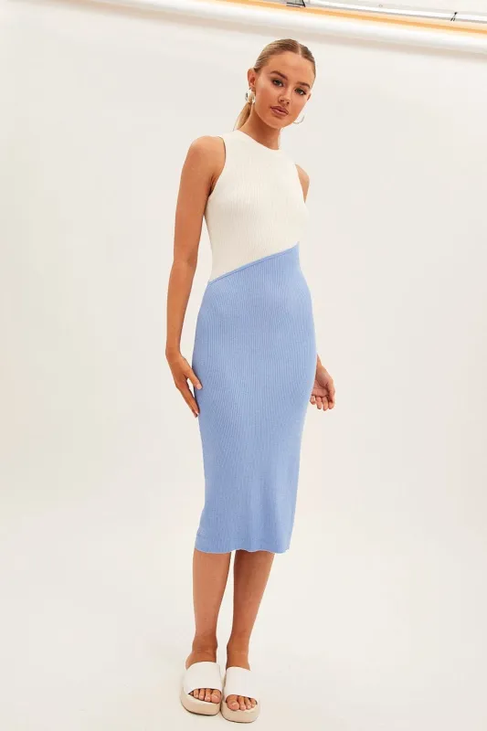 Blue Midi Dress Round Neck Colour Blocked Knit sold by Ally Fashion