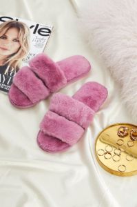Pink Faux Fur Fluffy Slides sold by Ally Fashion