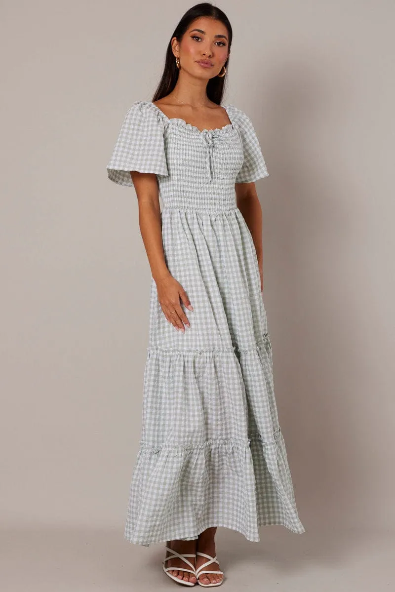 Green Check Maxi Dress Short Sleeve Shirred sold by Ally Fashion