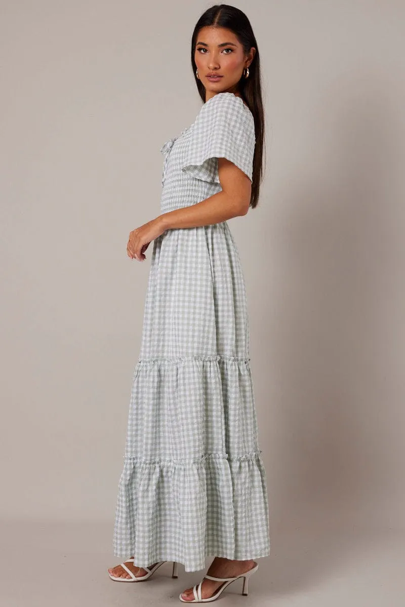 Green Check Maxi Dress Short Sleeve Shirred sold by Ally Fashion product image thumbnail 4