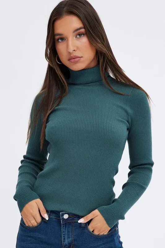 Green Knit Top High Neck Long Sleeve sold by Ally Fashion
