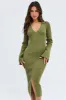 Green Midi Dress Long Sleeve V-Neck Collared Knit sold by Ally Fashion