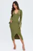 Green Midi Dress Long Sleeve V-Neck Collared Knit sold by Ally Fashion