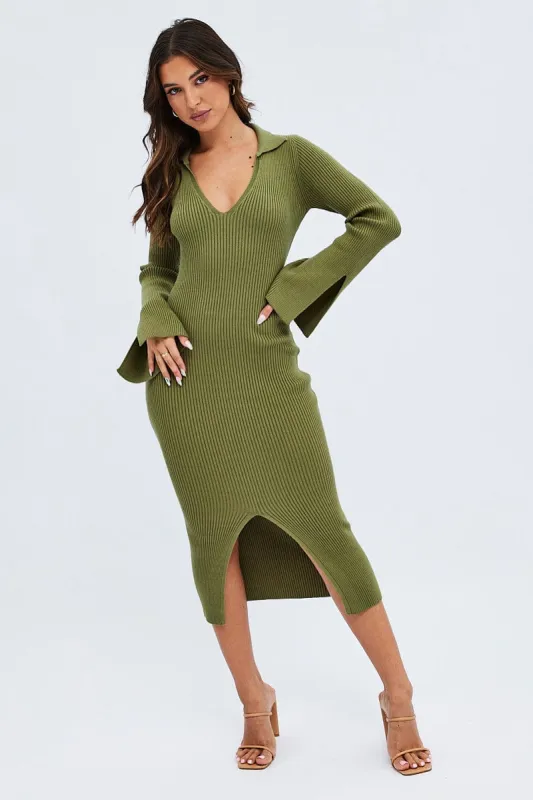 Green Midi Dress Long Sleeve V-Neck Collared Knit sold by Ally Fashion