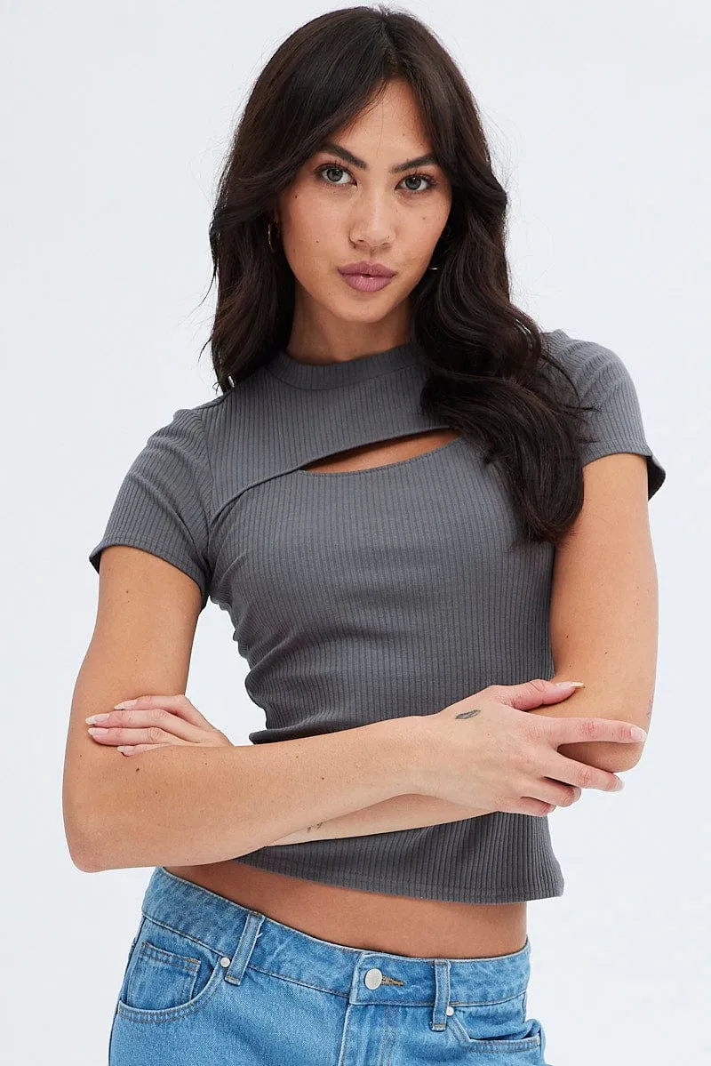 Grey Cut Out Top Short Sleeve Mock Neck Rib sold by Ally Fashion product image thumbnail 4