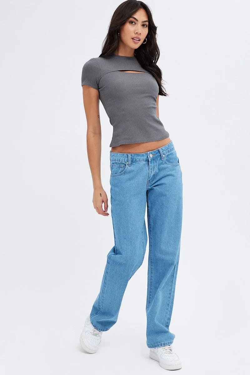 Grey Cut Out Top Short Sleeve Mock Neck Rib sold by Ally Fashion product image thumbnail 2