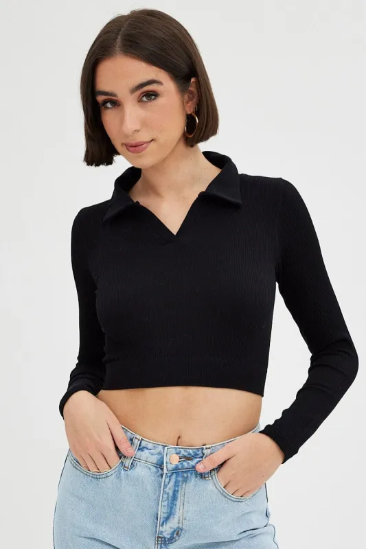 Black Collar Top Long sleeve Seamless sold by Ally Fashion