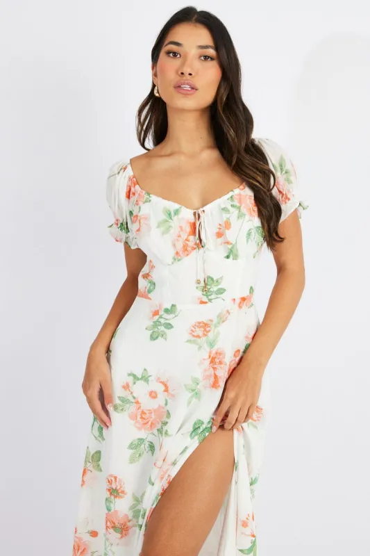 White Floral Maxi dress Puff Sleeve sold by Ally Fashion