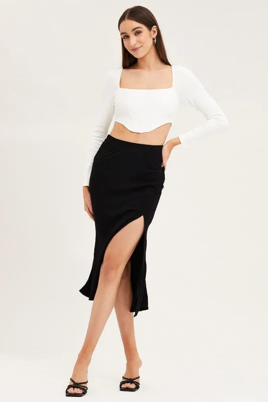 Black Linen Blend Front Slit Slip Midi Skirt sold by Ally Fashion