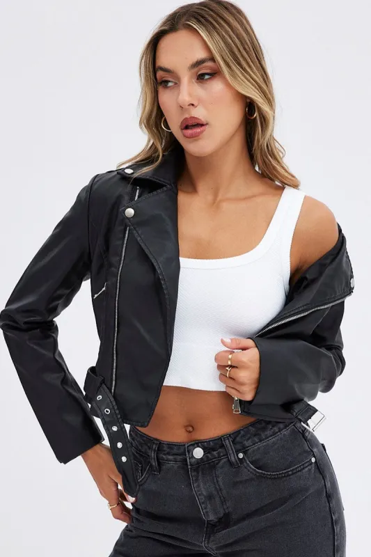 Black Biker Jacket Long Sleeve Faux Leather sold by Ally Fashion
