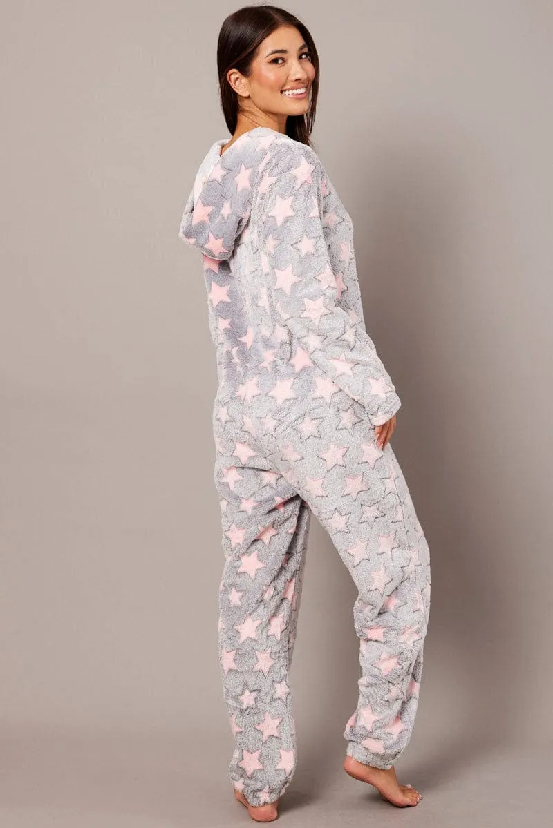 Grey Print Fluffy Pyjama Onesie Star Fleece Nightwear PJ sold by Ally Fashion product image thumbnail 5