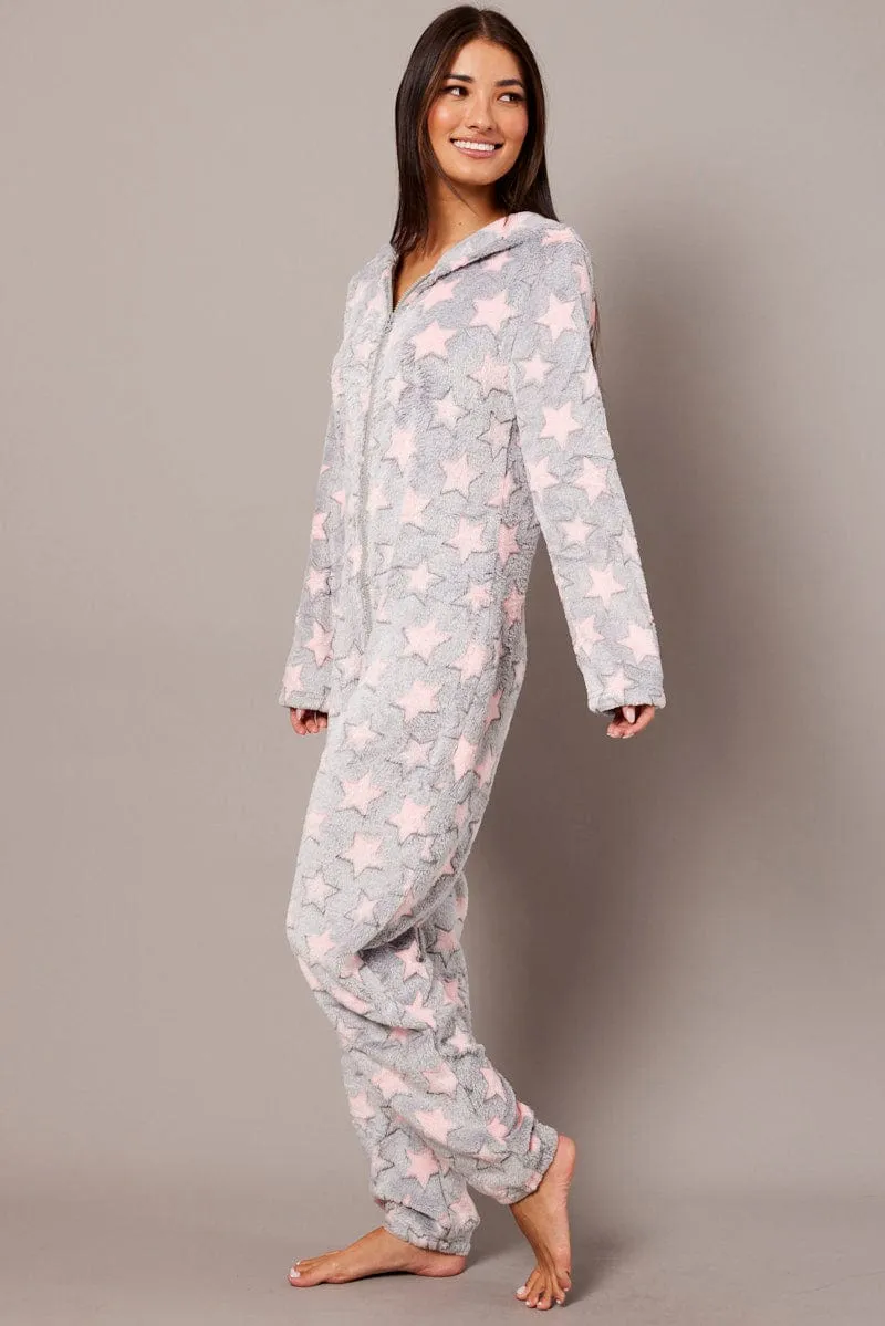 Grey Print Fluffy Pyjama Onesie Star Fleece Nightwear PJ sold by Ally Fashion product image thumbnail 4