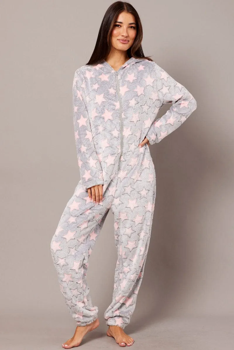 Grey Print Fluffy Pyjama Onesie Star Fleece Nightwear PJ sold by Ally Fashion product image thumbnail 2