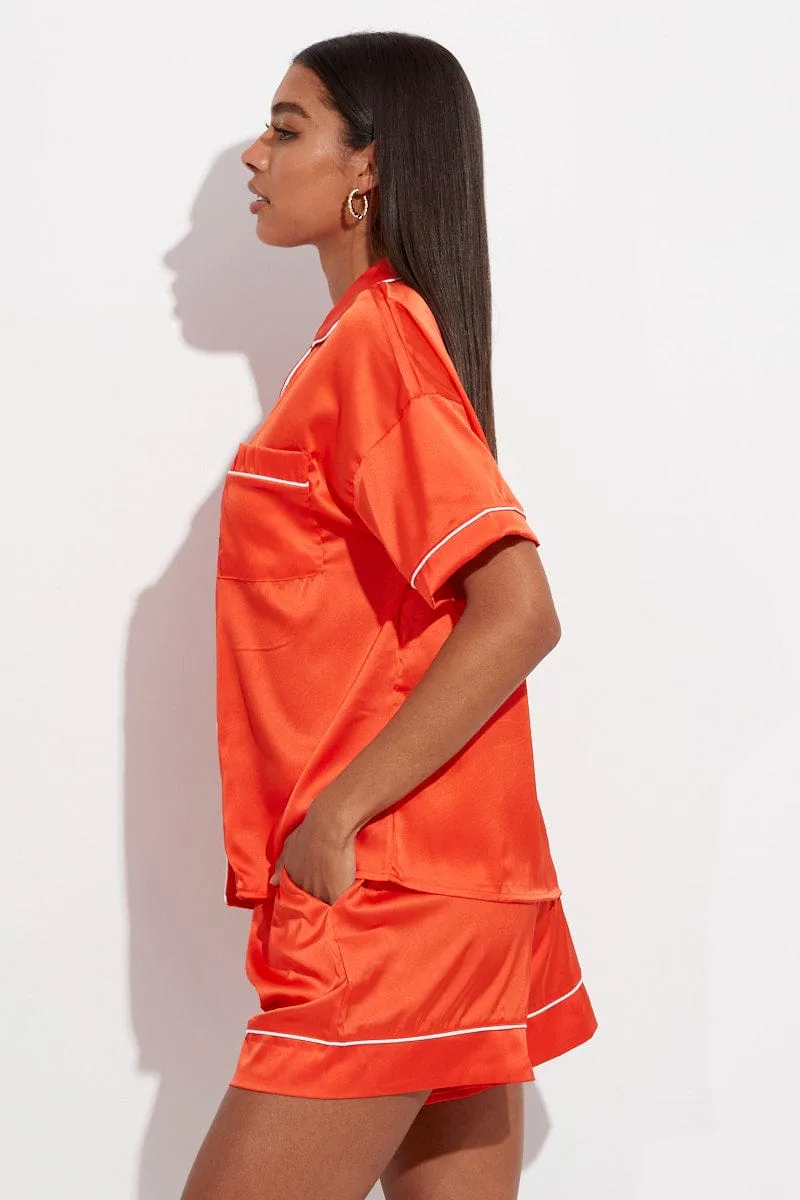Orange Satin Pj Contrast Piping Button Through Pyjama Set sold by Ally Fashion product image thumbnail 4