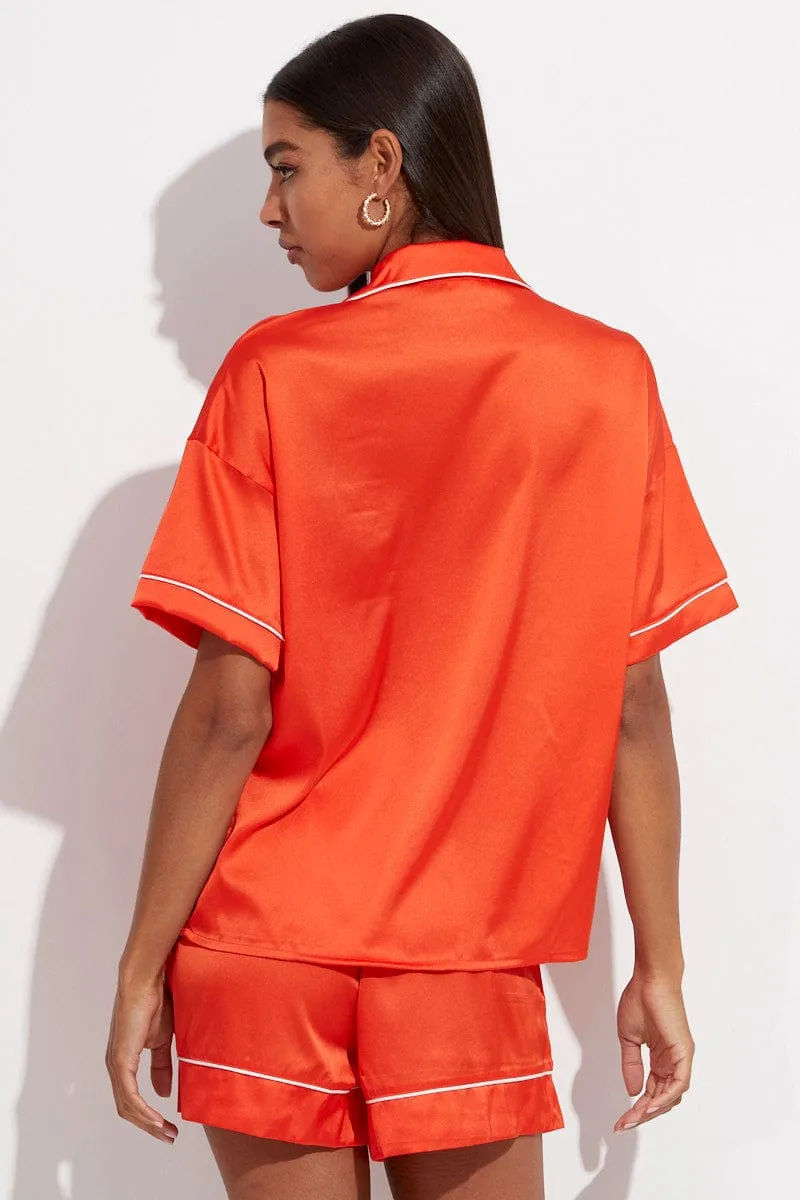 Orange Satin Pj Contrast Piping Button Through Pyjama Set sold by Ally Fashion product image thumbnail 5