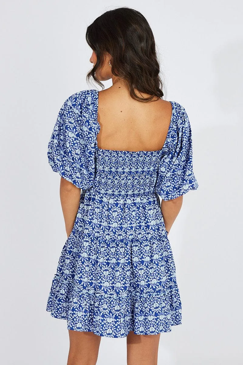 Blue Floral Fit And Flare Mini Dress Puff Sleeve sold by Ally Fashion product image thumbnail 5