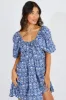 Blue Floral Fit And Flare Mini Dress Puff Sleeve sold by Ally Fashion