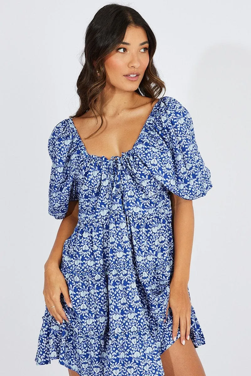 Blue Floral Fit And Flare Mini Dress Puff Sleeve sold by Ally Fashion product image thumbnail 2