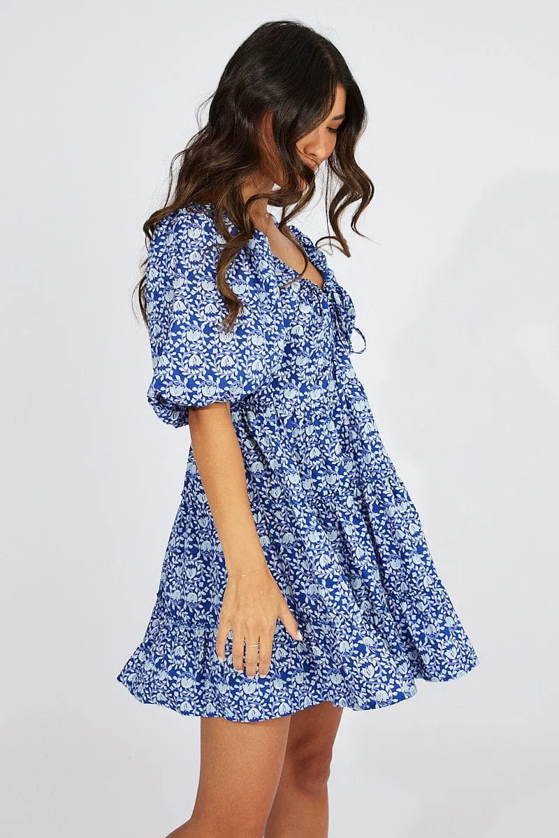 Blue Floral Fit And Flare Mini Dress Puff Sleeve sold by Ally Fashion product image thumbnail 3