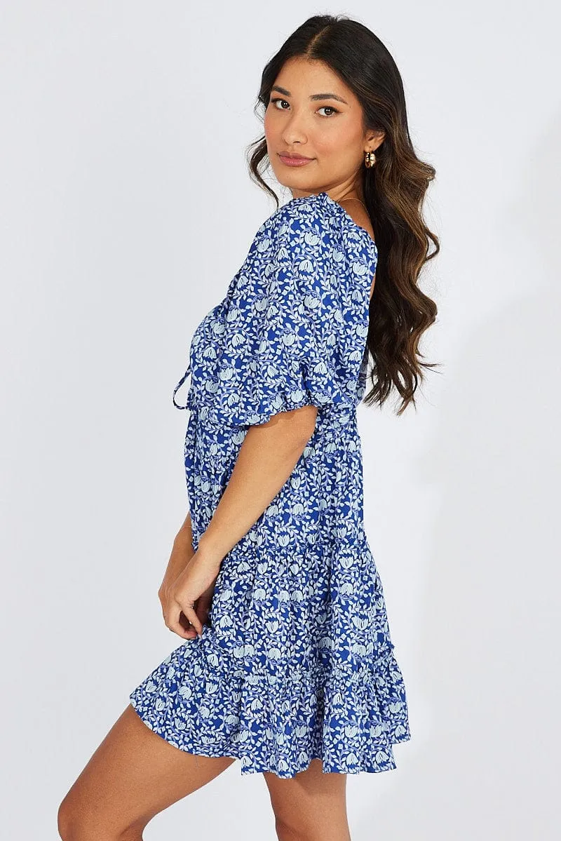 Blue Floral Fit And Flare Mini Dress Puff Sleeve sold by Ally Fashion product image thumbnail 4