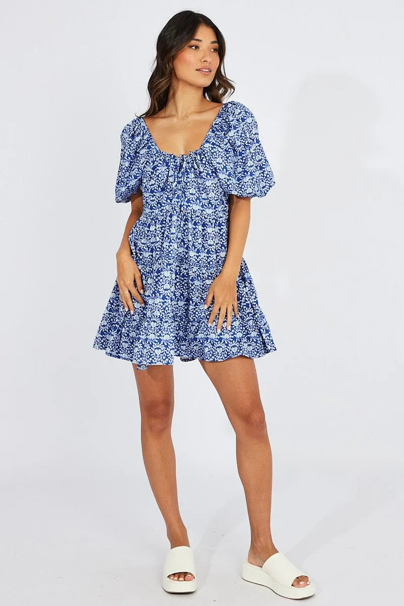 Blue Floral Fit And Flare Mini Dress Puff Sleeve sold by Ally Fashion