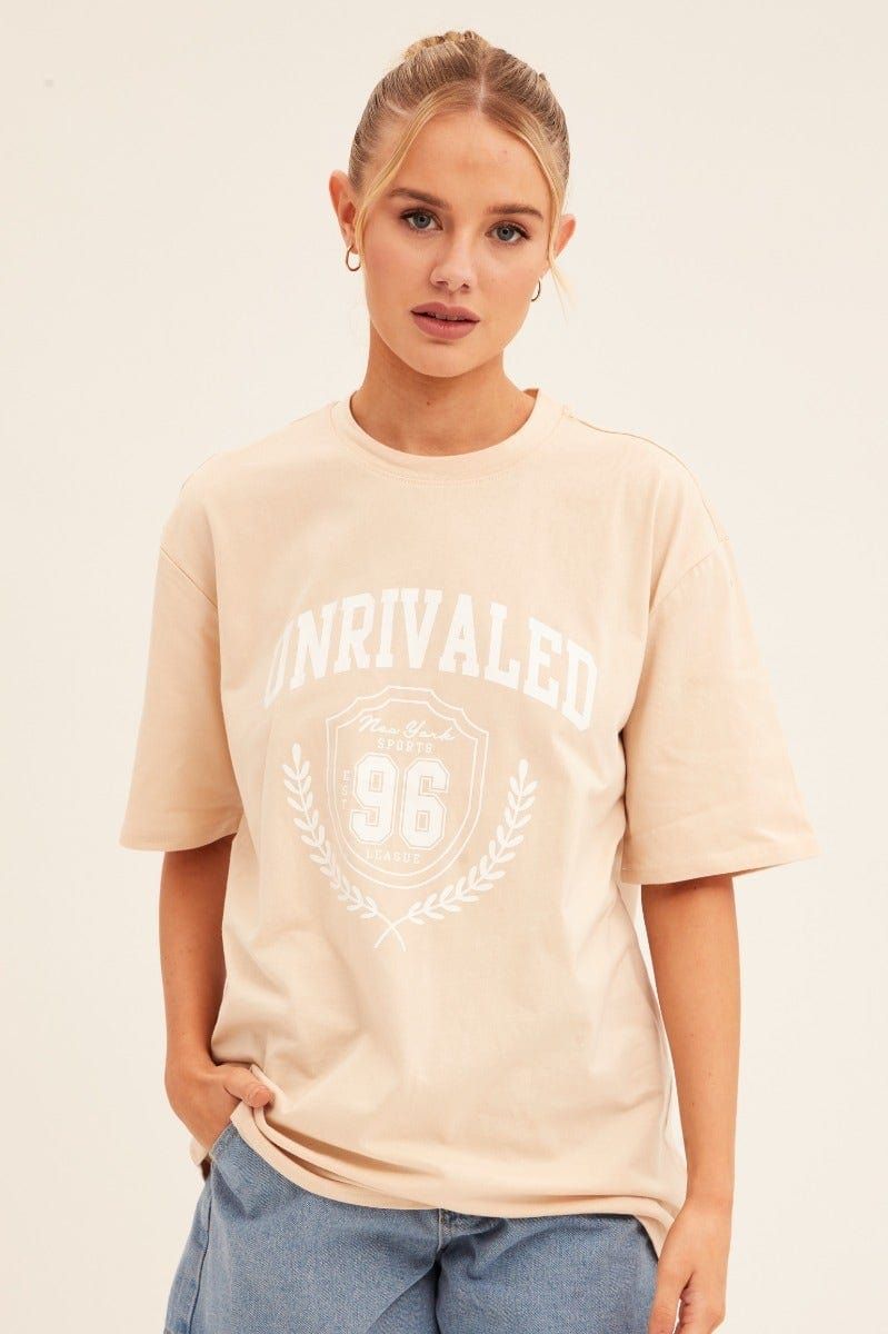 Beige Graphic T-Shirt Short Sleeve Crew Neck sold by Ally Fashion product image thumbnail 3