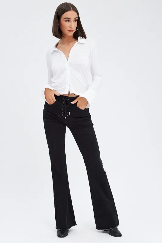 White Long Sleeve Shirt Collared Side Ruched sold by Ally Fashion