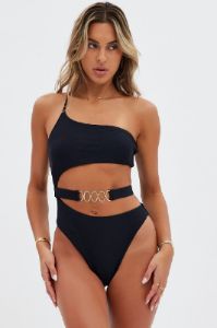 Black One Shoulder Cut Out One Piece Swimsuit sold by Ally Fashion
