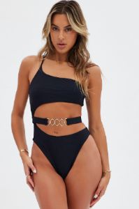 Black One Shoulder Cut Out One Piece Swimsuit sold by Ally Fashion