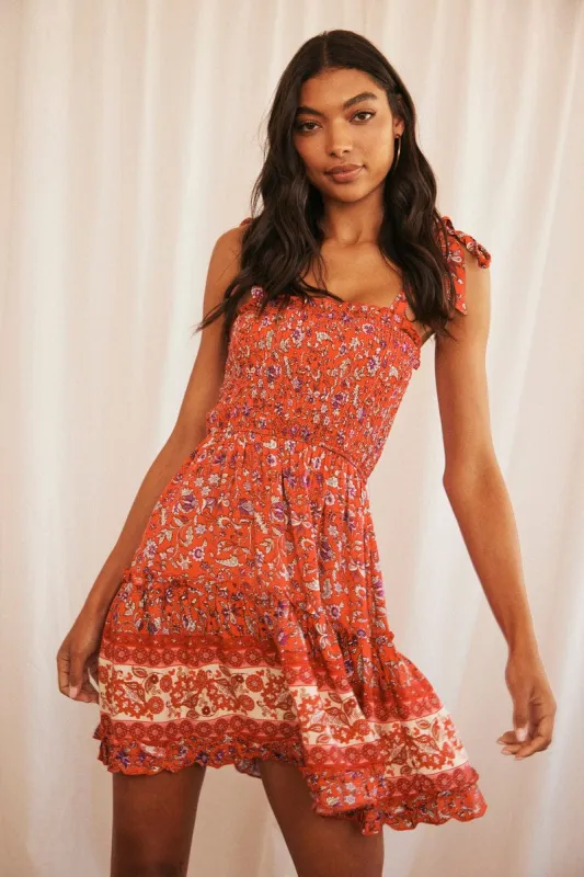 Red Boho Fit And Flare Dress Mini Sleeveless Shirred Bust sold by Ally Fashion