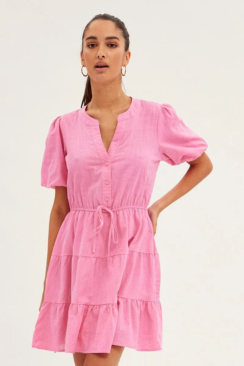 Pink Shirt Dress Short Sleeve V-Neck Tiered sold by Ally Fashion product image thumbnail 3