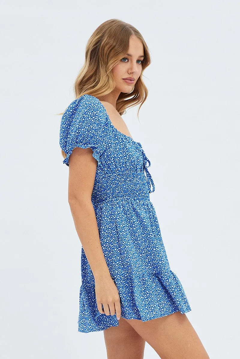 Blue Floral Fit And Flare Dress Short Sleeve Mini sold by Ally Fashion product image thumbnail 4