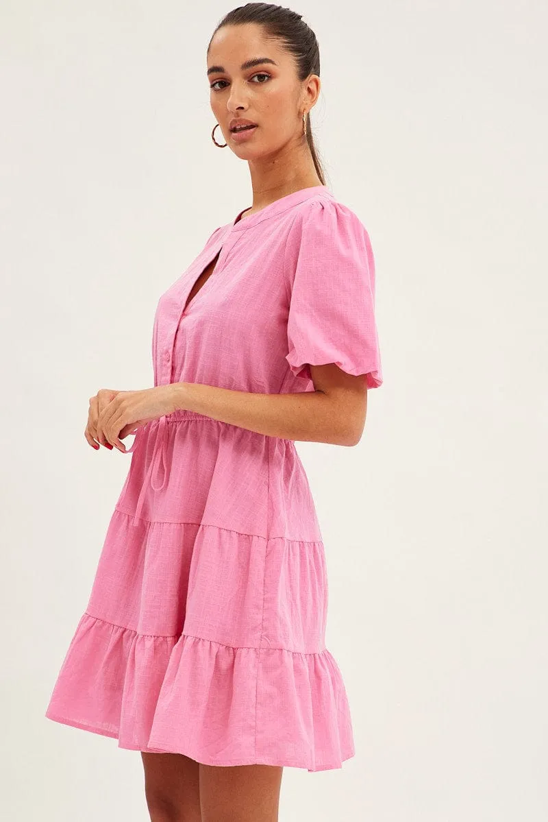 Pink Shirt Dress Short Sleeve V-Neck Tiered sold by Ally Fashion product image thumbnail 4