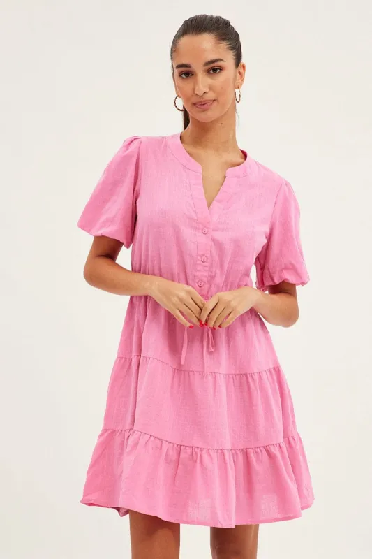 Pink Shirt Dress Short Sleeve V-Neck Tiered sold by Ally Fashion