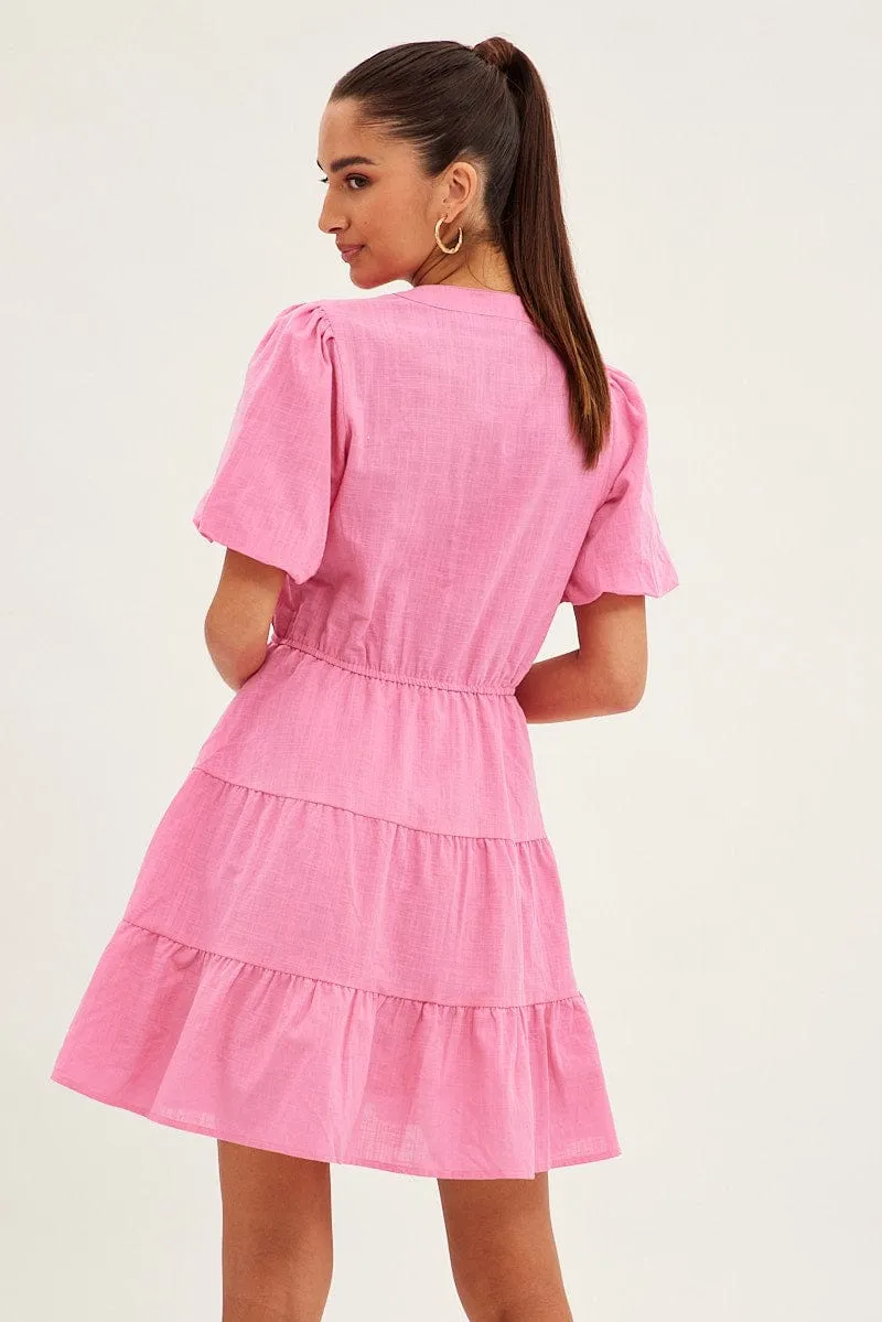 Pink Shirt Dress Short Sleeve V-Neck Tiered sold by Ally Fashion product image thumbnail 5