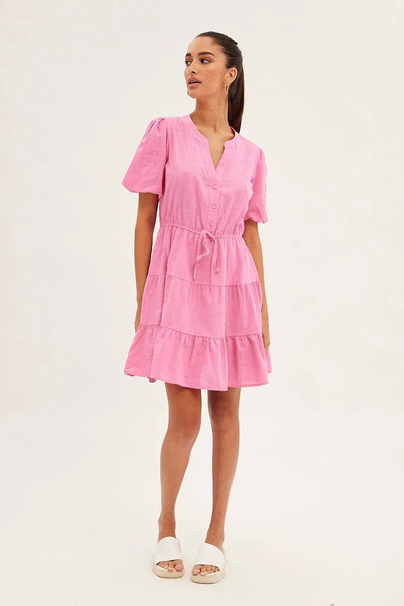 Pink Shirt Dress Short Sleeve V-Neck Tiered sold by Ally Fashion product image thumbnail 2