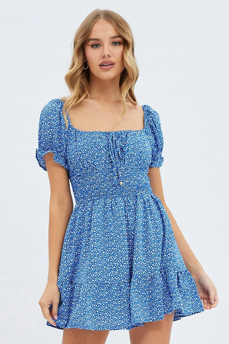 Blue Floral Fit And Flare Dress Short Sleeve Mini sold by Ally Fashion