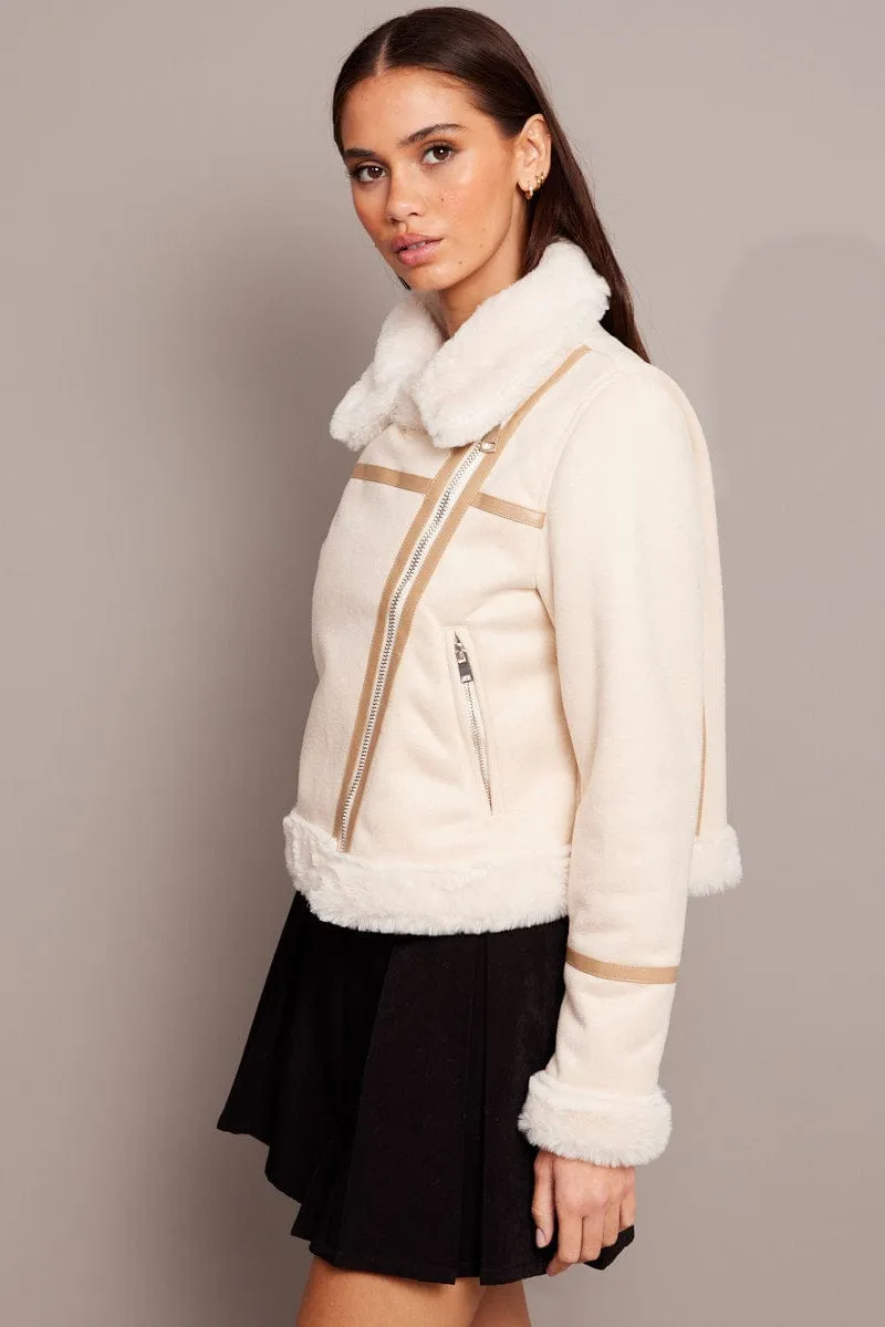 Beige Aviator Jacket Long Sleeve Faux Leather sold by Ally Fashion product image thumbnail 4