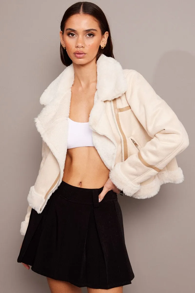 Beige Aviator Jacket Long Sleeve Faux Leather sold by Ally Fashion