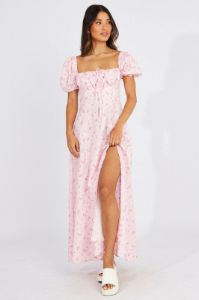 Pink Floral Ruched Bust Maxi Dress Short Sleeve sold by Ally Fashion