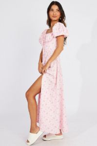 Pink Floral Ruched Bust Maxi Dress Short Sleeve sold by Ally Fashion