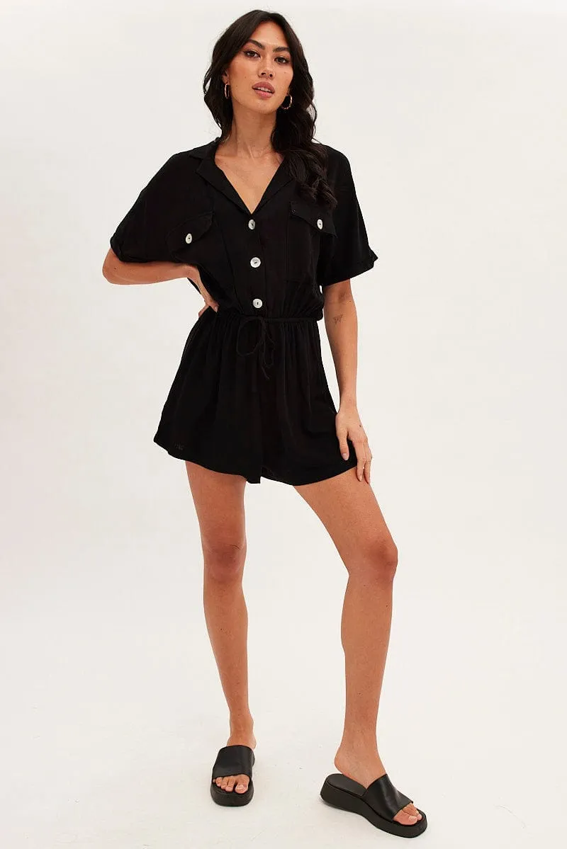 Black Playsuit Short Sleeve V-Neck Linen Blend sold by Ally Fashion product image thumbnail 2