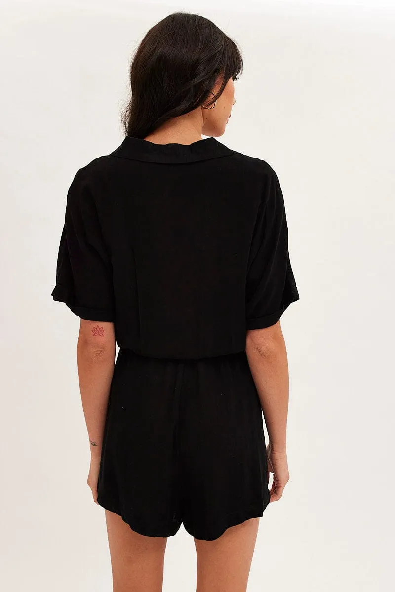 Black Playsuit Short Sleeve V-Neck Linen Blend sold by Ally Fashion product image thumbnail 5