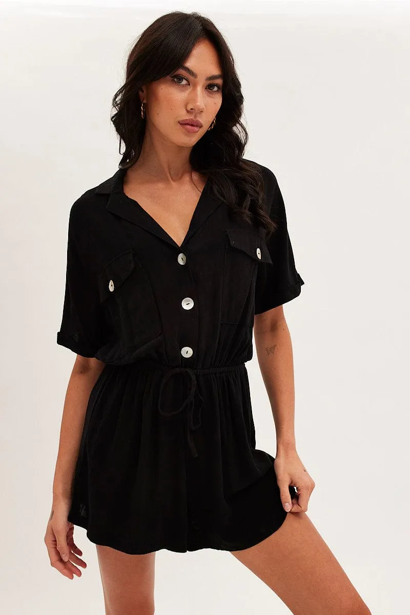 Black Playsuit Short Sleeve V-Neck Linen Blend sold by Ally Fashion product image thumbnail 3
