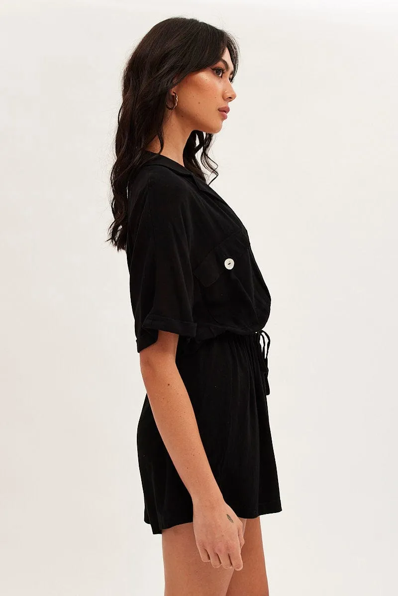 Black Playsuit Short Sleeve V-Neck Linen Blend sold by Ally Fashion product image thumbnail 4