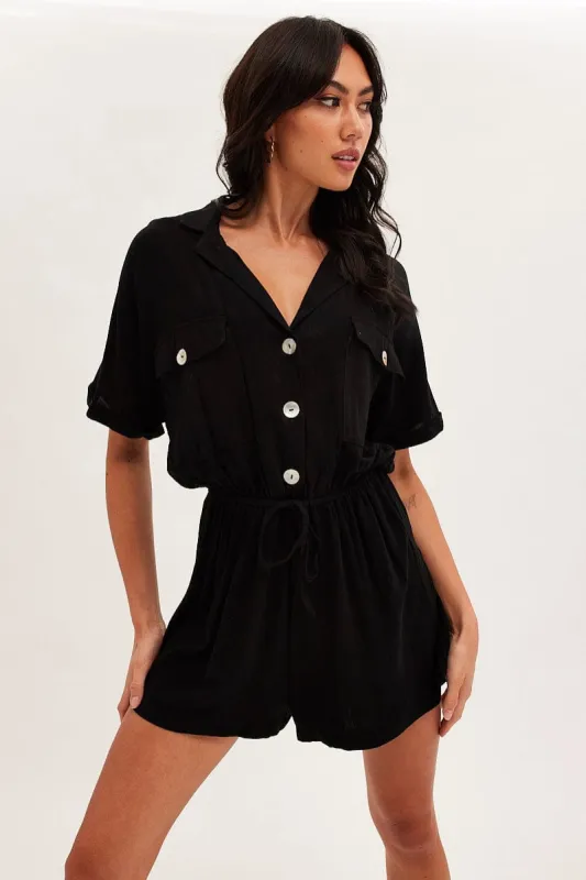 Black Playsuit Short Sleeve V-Neck Linen Blend sold by Ally Fashion