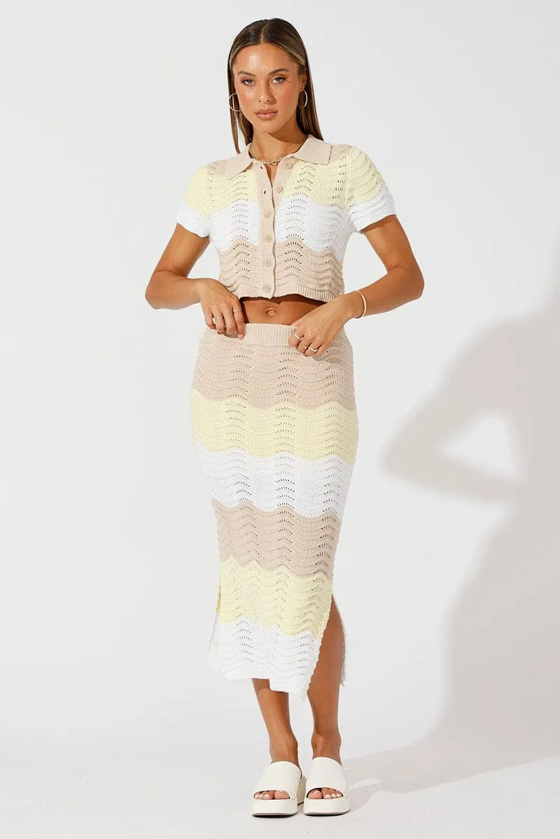Beige Stripe Knit Skirt Midi Crochet sold by Ally Fashion