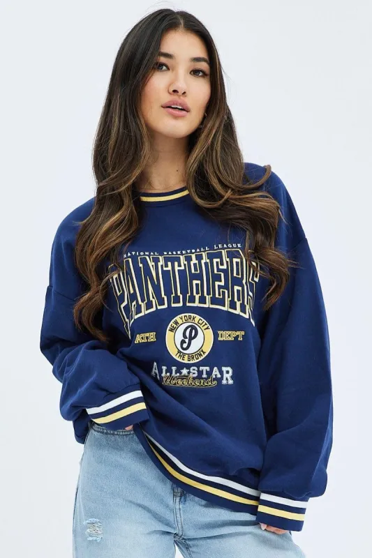 Blue Graphic Navy Sweater Long Sleeve sold by Ally Fashion